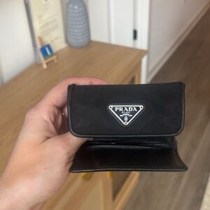 Prada Black Nylon mini wallet/card Holder with Silver Triangle Logo